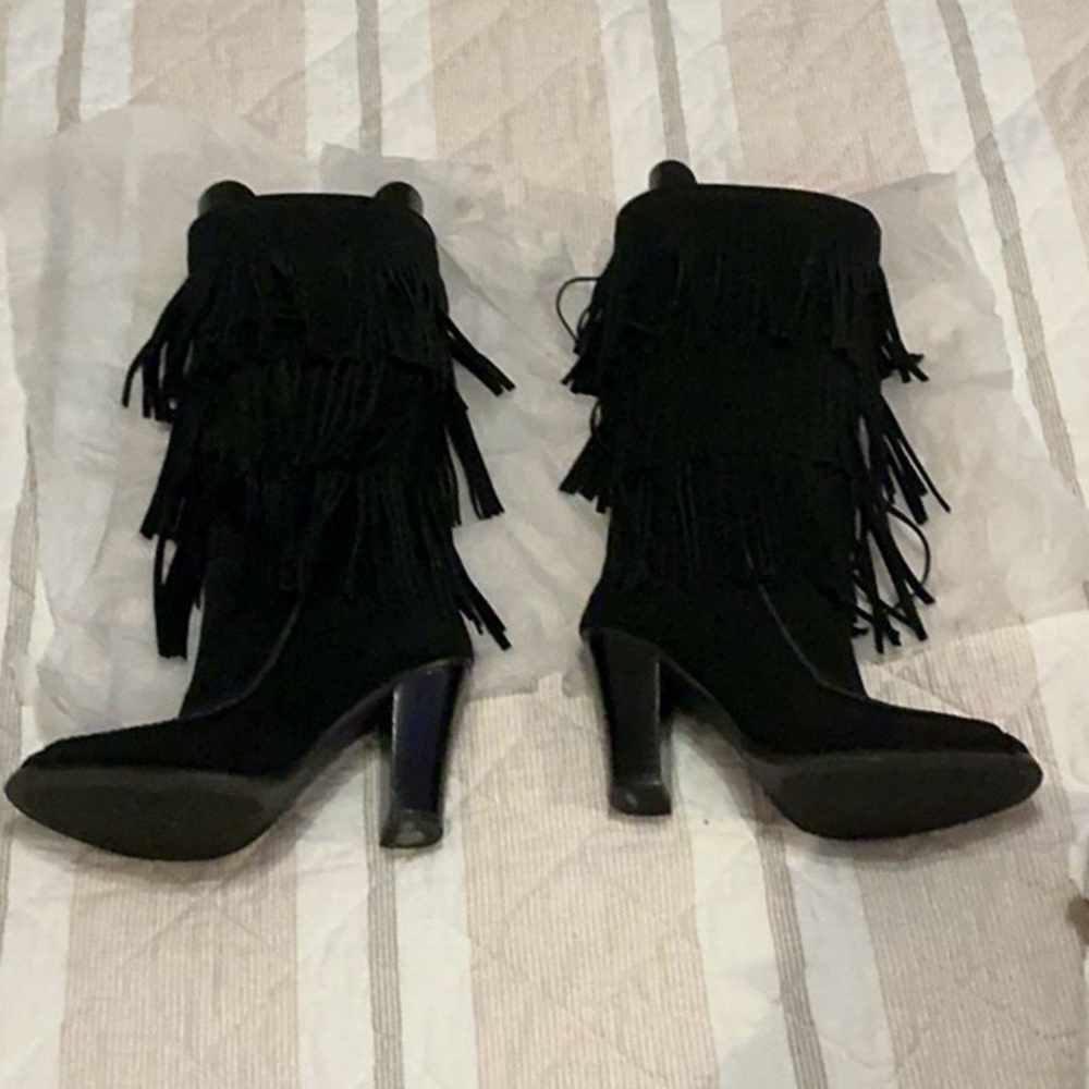 Lauren Ralph Lauren black suede fringe knee heeled boots 7 - Picture 2 of 7